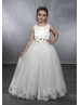Ivory Satin Tulle Eyelash Lace Trim Flower Girl Dress With Decorated Buttons